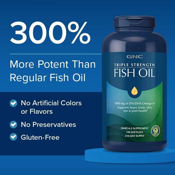 GNC Triple Strength Fish Oil Omega 3 Supplement, 1000mg EPA and DHA, Supports Heart, Brain, Skin, Eye and Joint Health, 60 Softgels - Medaid International
