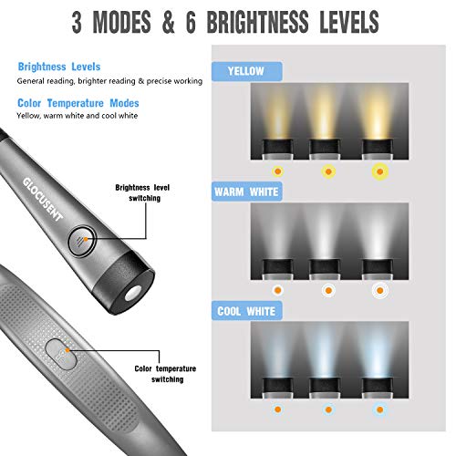 Glocusent - 3-Color & 6-Brightness Rechargeable Book Light with Bendable Neck