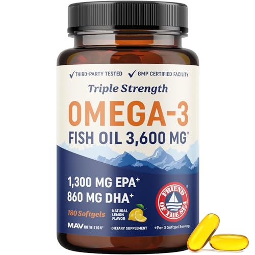 Triple Strength Omega 3 Fish Oil 3600 mg | EPA & DHA | Over 2100mg Omega-3 Fatty Acids | 1300mg EPA + 860mg DHA | Best Essential Fatty Acids | Premium Wild Caught & Burpless Fish Oil | 180 Ct - Medaid International