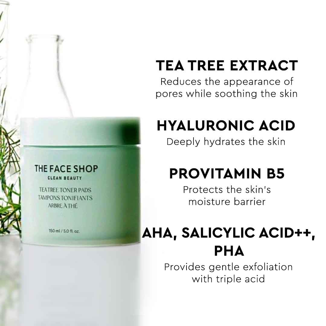 The Face Shop Tea Tree Toner Pads - Improve Uneven Skin Tone, Pore Minimizer - Exfoliating Dual Sided Toner Pad - AHA, BHA, PHA, Hyaluronic Acid - Cotton Facial Pad - Korean Toner - Korean Skin Care - Medaid International