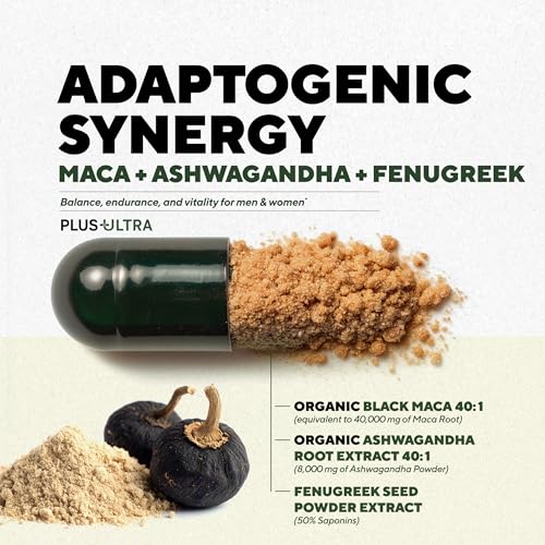 MACAPLUS+ Black Maca Root + Ashwagandha + Fenugreek - #1 Highest Potency Black Maca Root 40,000mg 40x Strength Organic Capsules for Men and Women Supplement 100% Pure Maca Peruana 40:1 Powder Pills - Medaid International