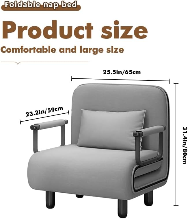 Multifunctional sofa bed, 3-in-1 folding sofa bed chair, with 5-position adjustable backrest, wheels, 2 supporting legs, and a chaise lounge with pillows. (65cm)|B0FKYRJTRL