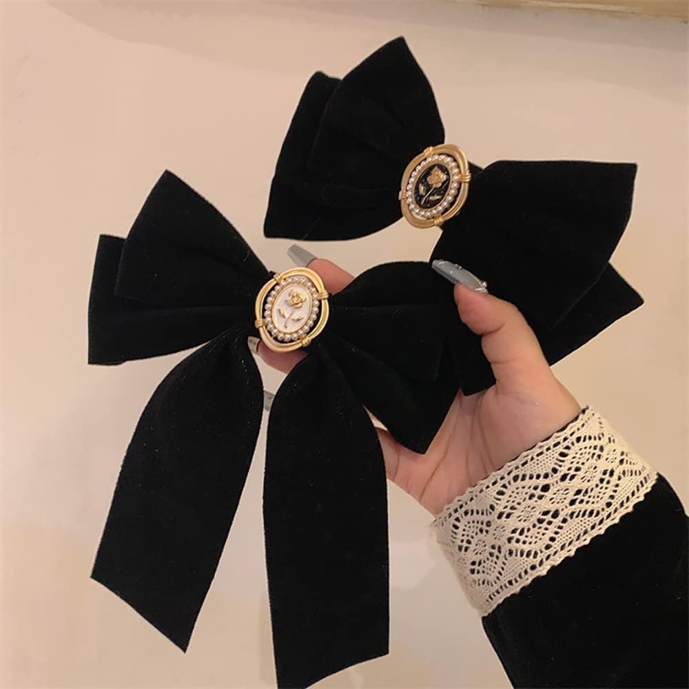 TERRIFI Velvet Hair Bows, Black Ribbon Clips, Ponytail Barrettes Accessories, for Women Girls Party Holiday Birthday Decoration Back to School Gifts 2 pcs
