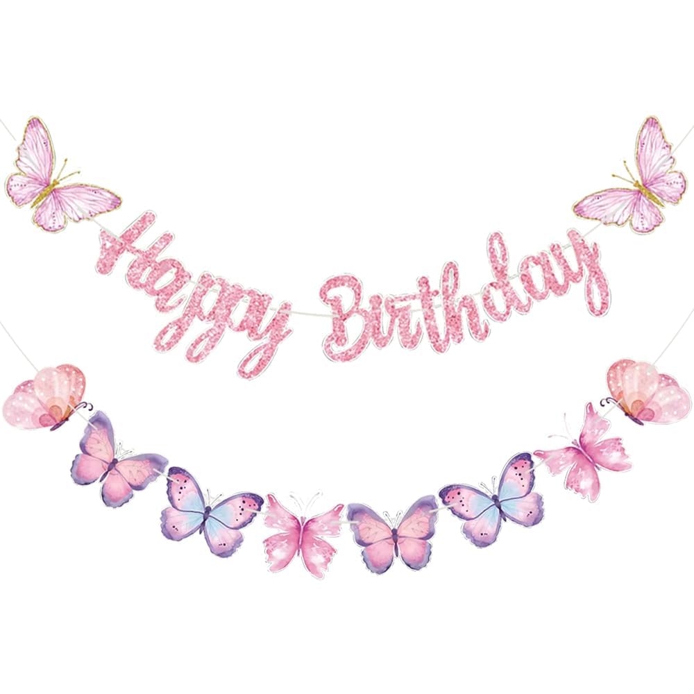 KASTWAVE Pink Butterfly Birthday Banner, 2 Pcs Birthday Party Decorations Set with Pre Strung Glitter Happy Birthday Banner, Butterfly String, Fade Resistant Butterflies Theme Party Supplies