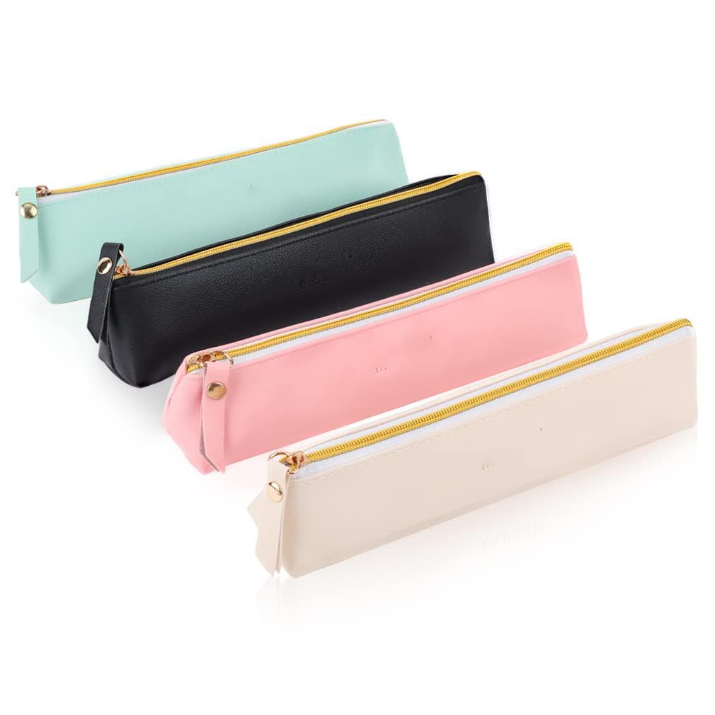 Terrifi Pu Leather Pencil Case, Small Simple Pouch, Makeup Cosmetic Waterproof Organizer Storage Bag For Women Men (4Pcs, 4 Colors)