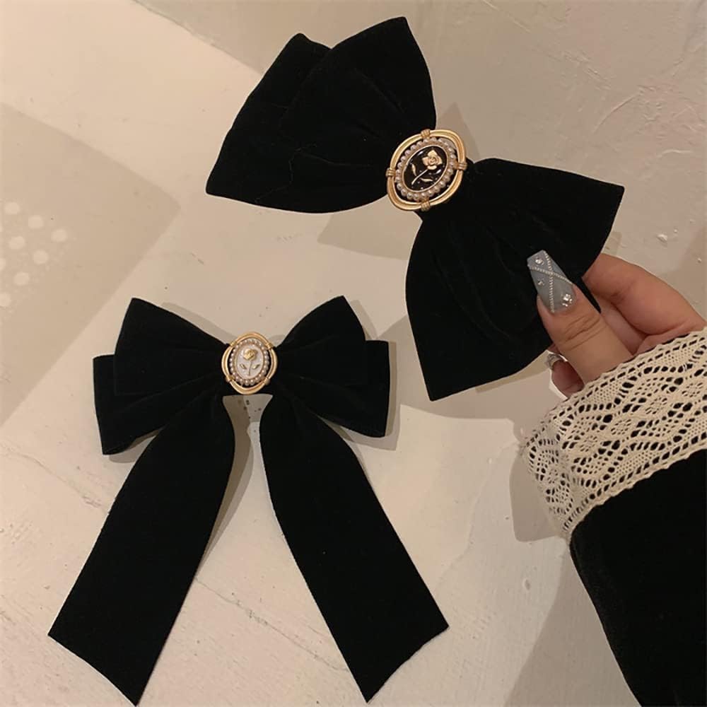 TERRIFI Velvet Hair Bows, Black Ribbon Clips, Ponytail Barrettes Accessories, for Women Girls Party Holiday Birthday Decoration Back to School Gifts 2 pcs