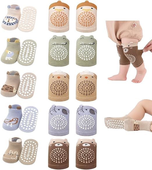 KASTWAVE 10 Pairs Baby Crawling Knee Pads & Anti-Slip Ankle Socks, Unisex Toddler Non-Skid Safety Gear for Learning to Walk on Hardwood Floors Soft Combed Cotton Ideal Gift