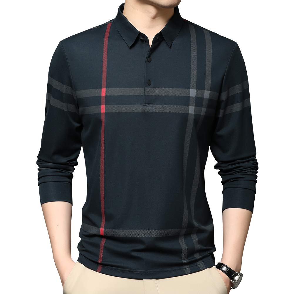 Womleys Mens Casual Striped Slim Fit Long Sleeve Collared T Shirt Polo Shirts (Green, X-Large) - Medaid International