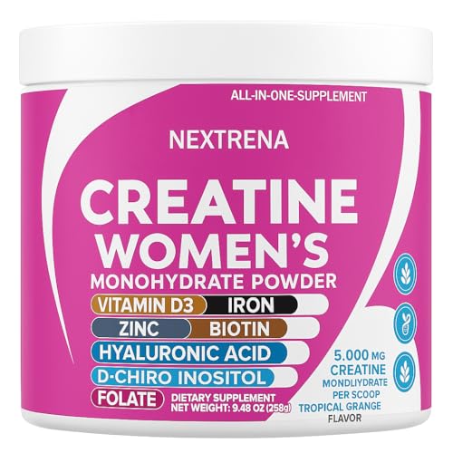 Zotreval Nextrena Creatine for Women – All-in-One Supplement with Creatine, Myo & D-Chiro Inositol, Collagen, Biotin, Hyaluronic Acid, Vitamin D3, Iron & Zinc – Tropical Orange, 289g (30 Servings) - Medaid International