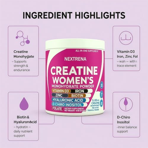 Zotreval Nextrena Creatine for Women – All-in-One Supplement with Creatine, Myo & D-Chiro Inositol, Collagen, Biotin, Hyaluronic Acid, Vitamin D3, Iron & Zinc – Tropical Orange, 289g (30 Servings) - Medaid International