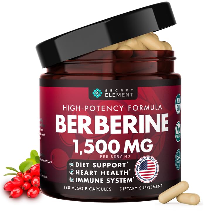 Secret Element Berberine HCL Supplement 1500 mg, High Potency Vegan Capsules with Beet Root, Citrus Bergamot & Black Currant, Non-GMO, 180 Capsules - Medaid International