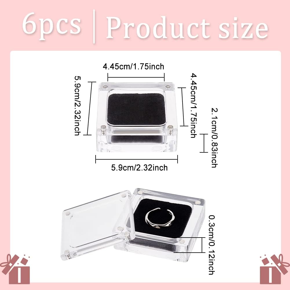 TERRIFI 6 Pcs Acrylic Ring Box with Black Velvet, Clear Jewelry Storage Magnet Case, Suitable for Wedding Day, Proposal, Jewelry, Anniversary (2.3x2.3inch)