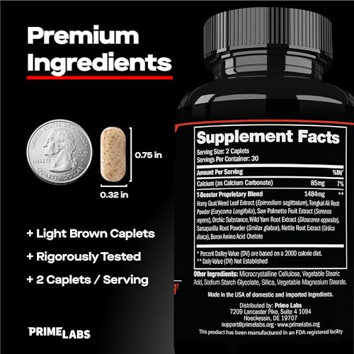 Prime Labs - Men's Testosterone Booster - Stamina, Endurance, & Strength Booster - 60 Caplets - Medaid International