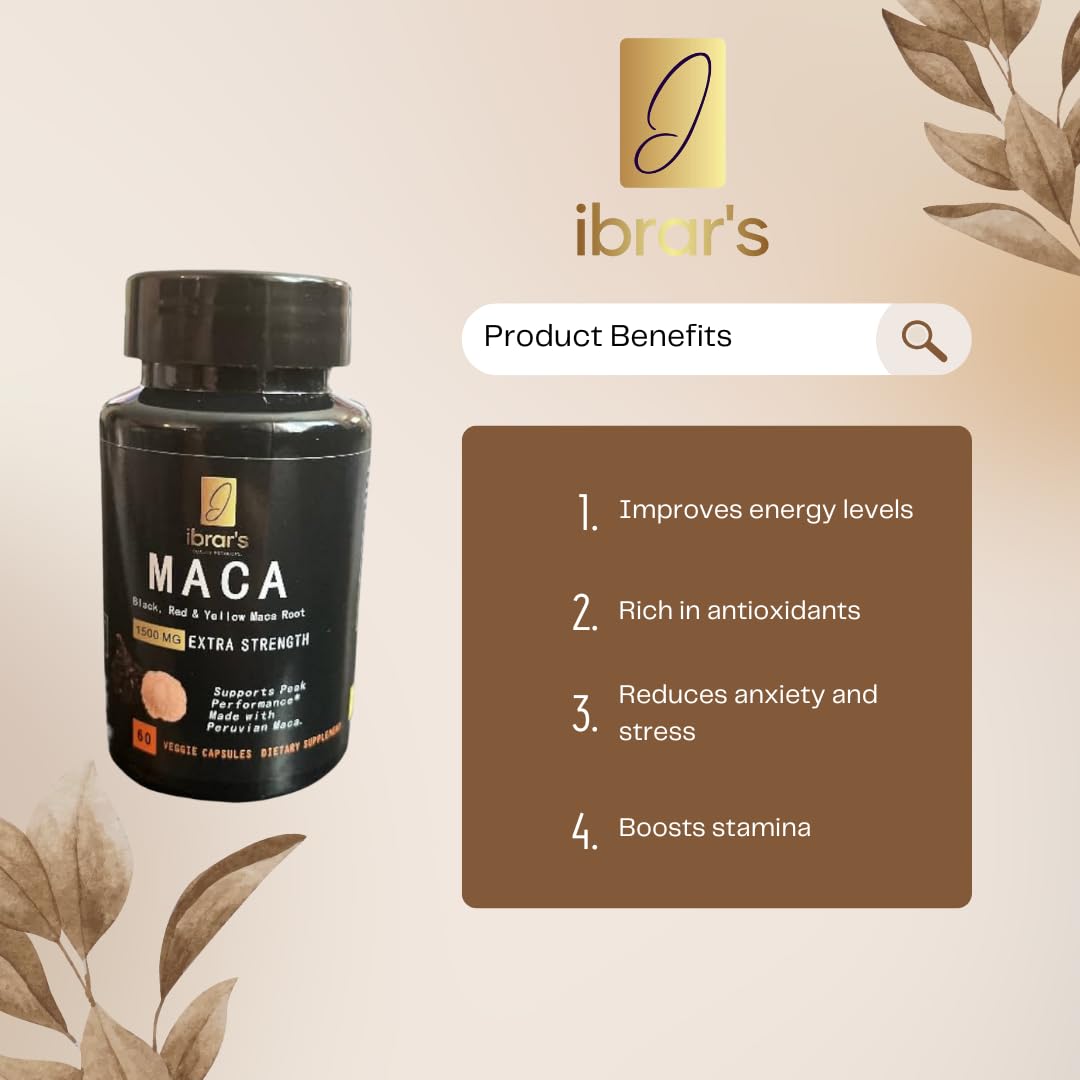 ibrar's Maca Capsules, 1500mg Extra Strength, Black, Red & Yellow Maca Root, 60 Veggie Capsules - Medaid International