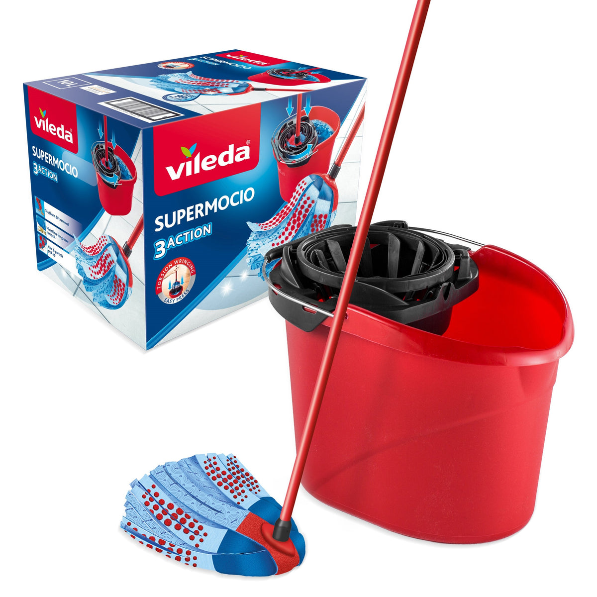 Vileda Supermop 3-Action Set of Wringer Bucket + Mop with 3D Head, @ Special Price