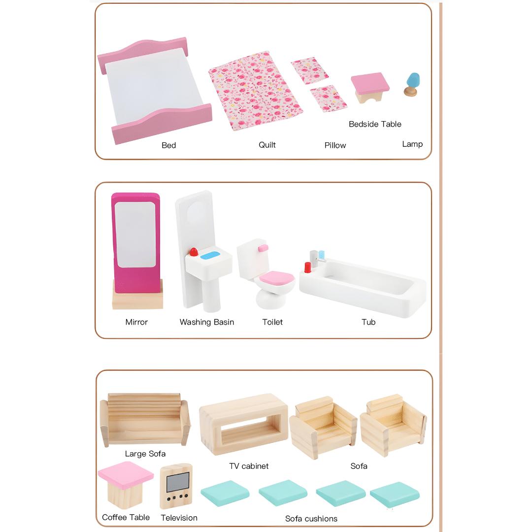 Wooden Dollhouse with Full Furniture Set – 3-Level Playhouse