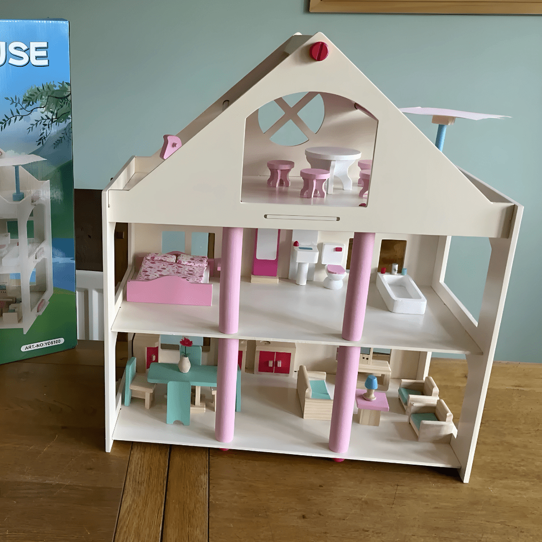 Wooden Dollhouse with Full Furniture Set – 3-Level Playhouse