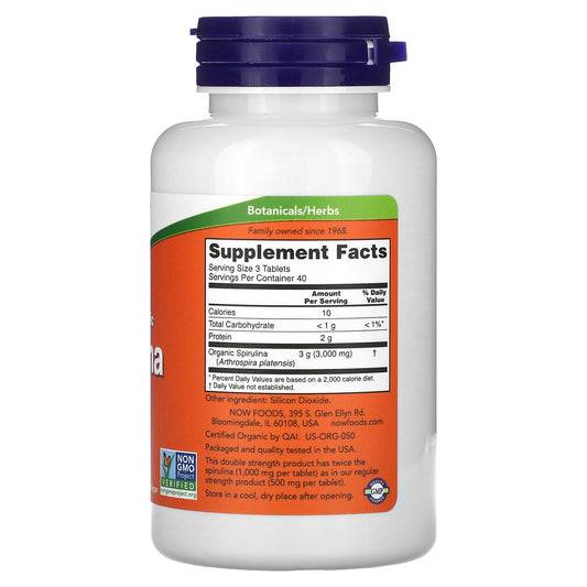 NOW Foods, Certified Organic Spirulina, Double Strength, 1,000 mg, 120 Tablets - Medaid International