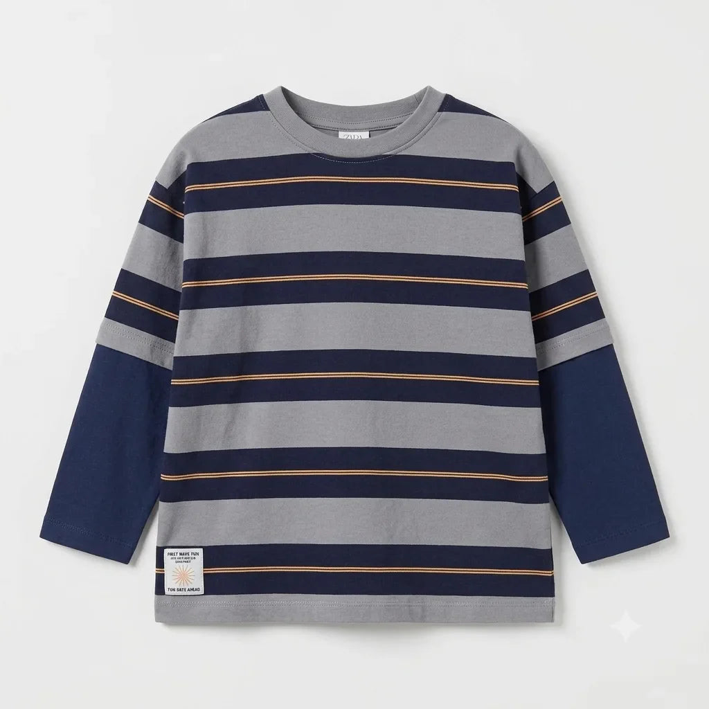 Zara Boy's Grey & Navy Multi-Layer Striped Blouse | Zara In Lebanon