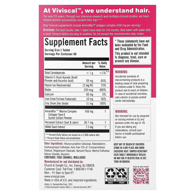 Viviscal Hair Growth Supplements for Women, Thicker Fuller Hair Support for Thinning Hair and Hair Loss, with Biotin and Marine Collagen, Drug-Free, 180 Tablets, 90-Day Supply
