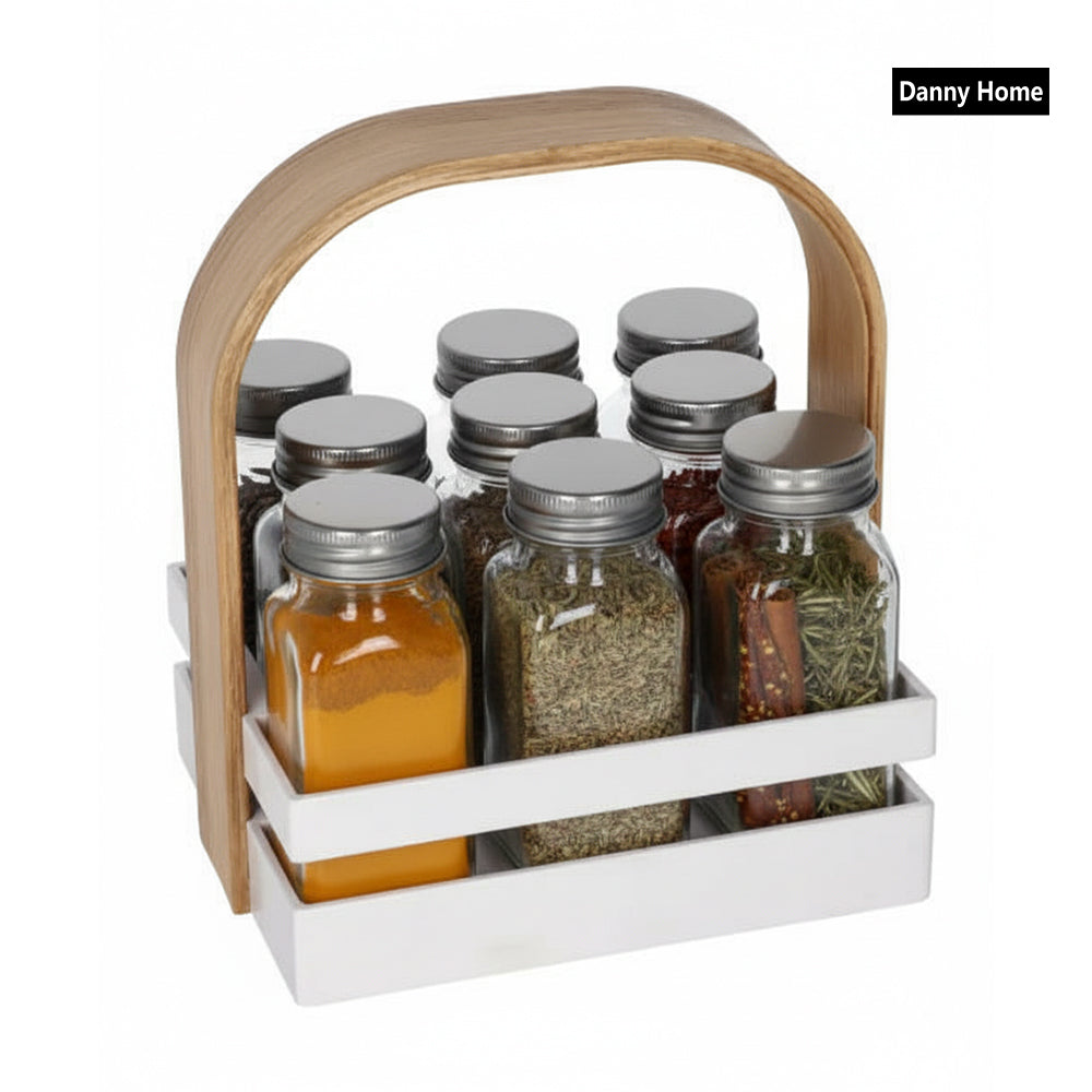 Danny Home 9-Spice Jars With Rack Holder Wooden Handle