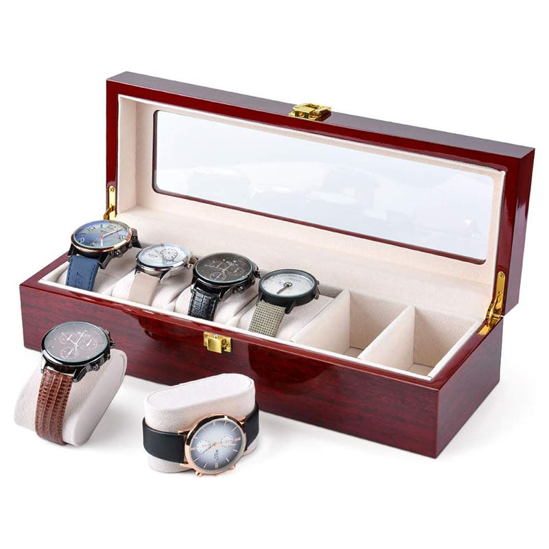 6 Slot Wooden Watch Box Display Storage Case with Glass Lid Lockable Wooden Watch Holder Organizer Brown - Medaid International