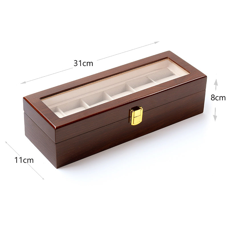 6 Slot Wooden Watch Box Display Storage Case with Glass Lid Lockable Wooden Watch Holder Organizer Brown - Medaid International