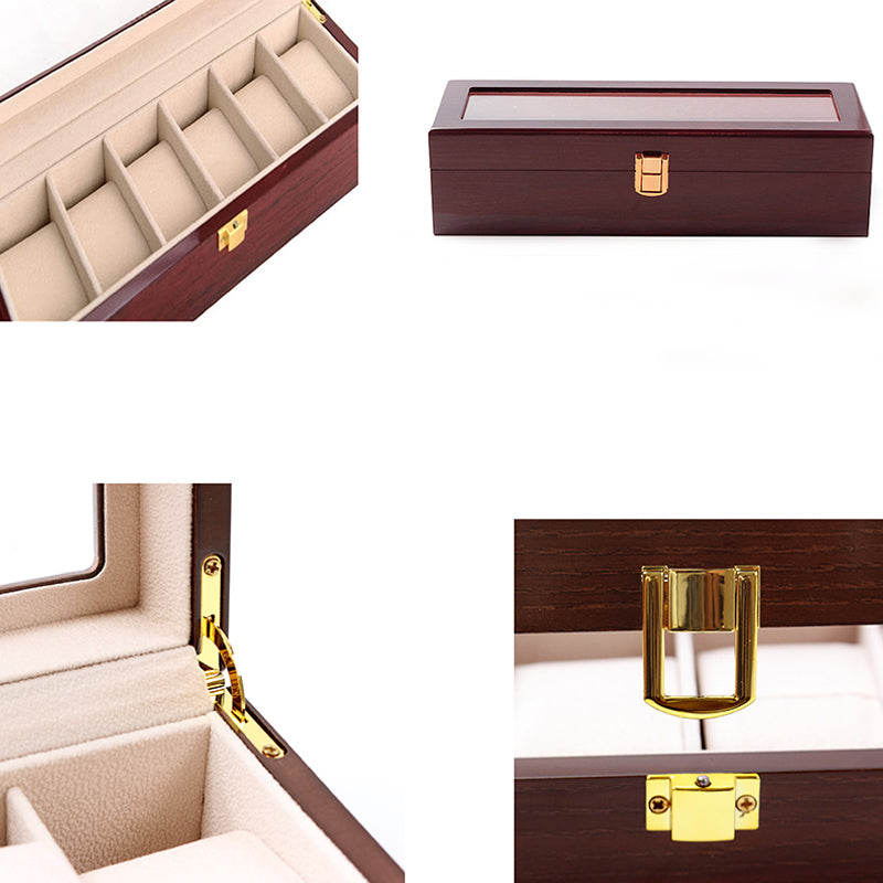 6 Slot Wooden Watch Box Display Storage Case with Glass Lid Lockable Wooden Watch Holder Organizer Brown - Medaid International