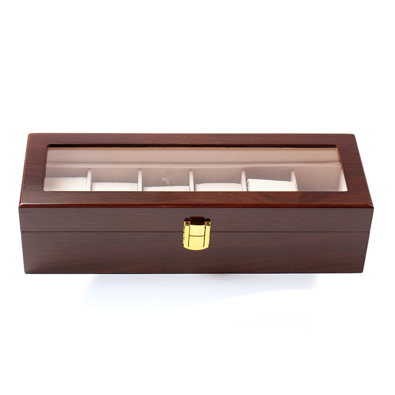6 Slot Wooden Watch Box Display Storage Case with Glass Lid Lockable Wooden Watch Holder Organizer Brown - Medaid International