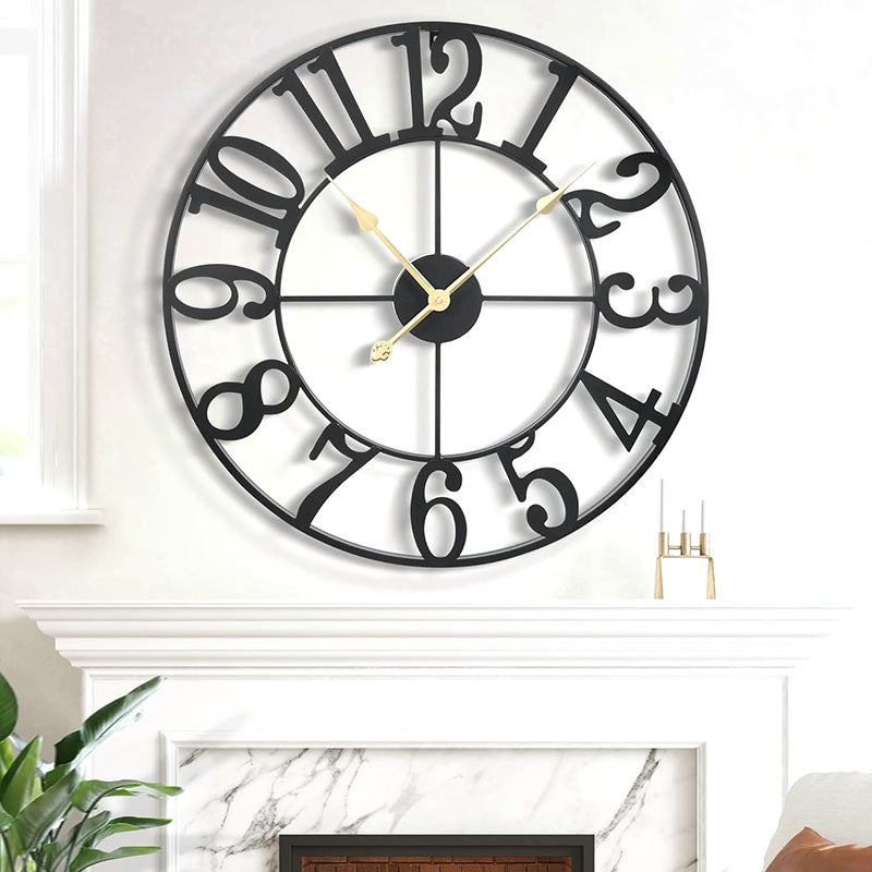 60 CM Large Wall Clock with Mirror and Wooden Back Metal Round Wall Clocks Non Ticking Battery Operated for Living Room Kitchen Bedroom Office Black - Medaid International