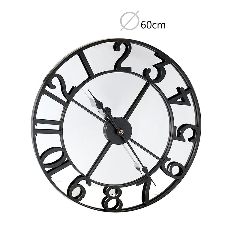 60 CM Large Wall Clock with Mirror and Wooden Back Metal Round Wall Clocks Non Ticking Battery Operated for Living Room Kitchen Bedroom Office Black - Medaid International