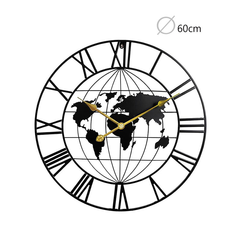 60 CM Large World Map Wall Clock Metal Round Clock Non Ticking Battery Operated Wall Clocks for Living Room Kitchen Bedroom Office Black - Medaid International