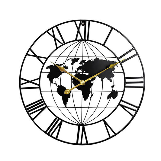 60 CM Large World Map Wall Clock Metal Round Clock Non Ticking Battery Operated Wall Clocks for Living Room Kitchen Bedroom Office Black - Medaid International