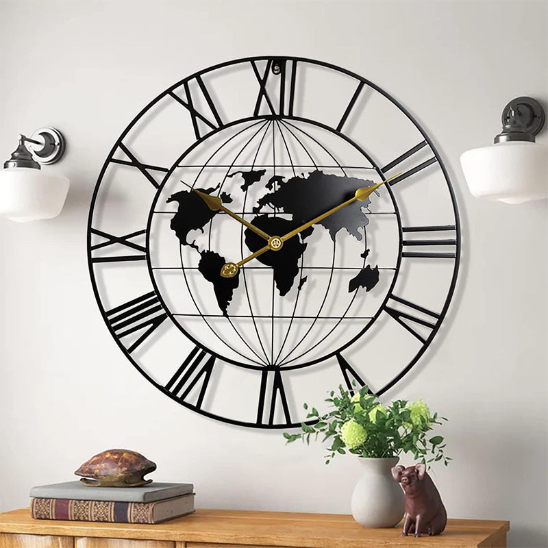 60 CM Large World Map Wall Clock Metal Round Clock Non Ticking Battery Operated Wall Clocks for Living Room Kitchen Bedroom Office Black - Medaid International