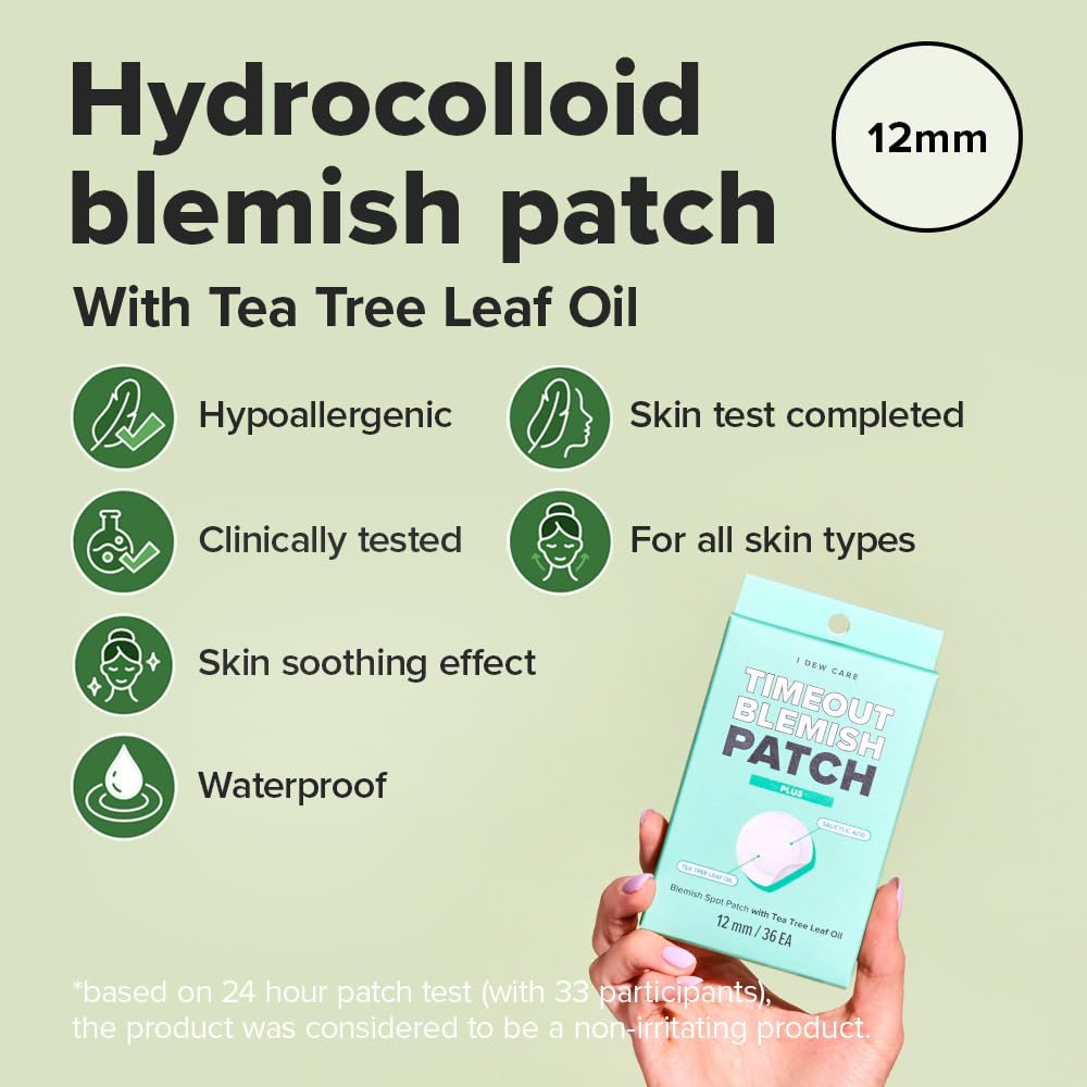 I DEW CARE Hydrocolloid Acne Pimple Patch - Timeout Blemish Plus | Korean zit Dark Spot Patches for face and skin, Pus absorbing with Tea Tree Leaf Oil, Facial Stickers, Large, 36 Count - Medaid International