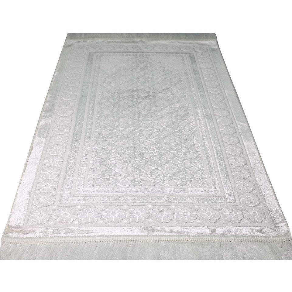 Modefa Velvet Prayer Rug - Soft Plush Turkish Janamaz Sajada Carpet for Men and Women - Plain Solid Prayer Mat Ramadan Eid Gift - with Prayer Beads - Luxury Floral Stamp (White) - Medaid International