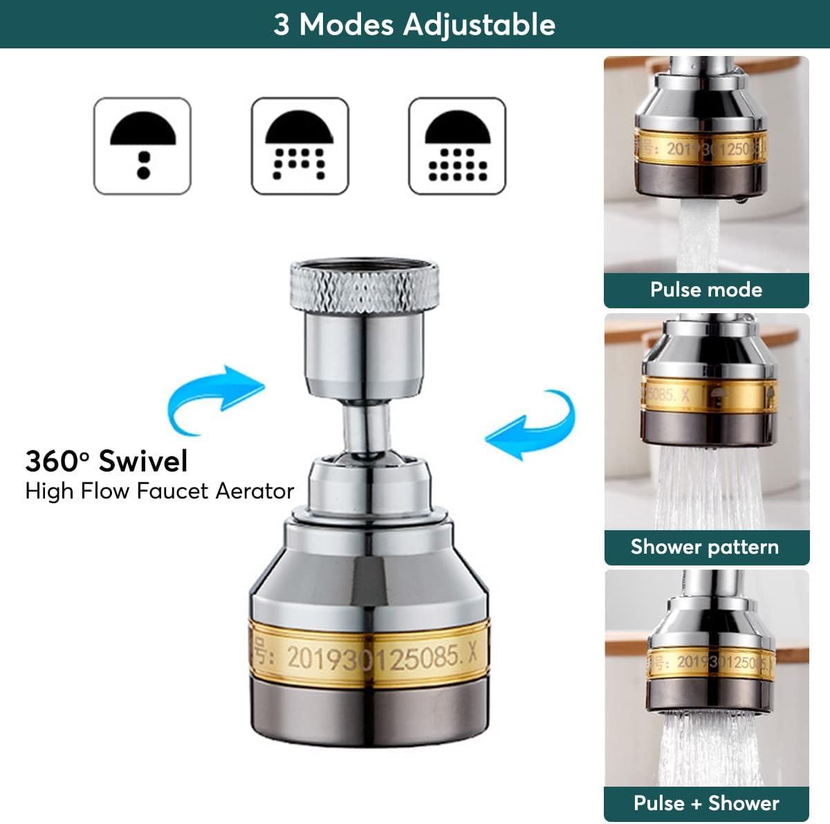 Azonee Faucet Sprayer Attachment, Kitchen Faucet Spray Head, Solid Brass and Stainless Steel 360 Degree Rotatable Aerator 3 Flow Mode Adjustable High-Pressure Booster Anti-Splash Water Saving Faucet