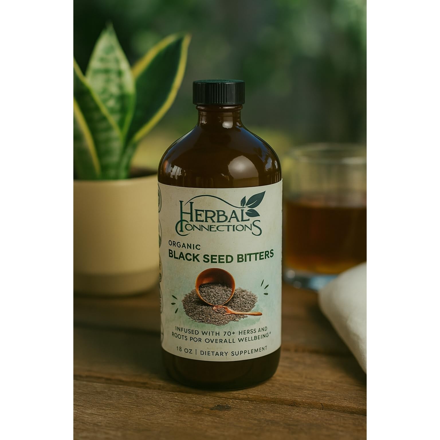 Organic Black Seed Bitters with Maca and Honey - Infused with 20+ Herbs and Roots - Vegan and Gluten-Free 16 Ounces - Medaid International