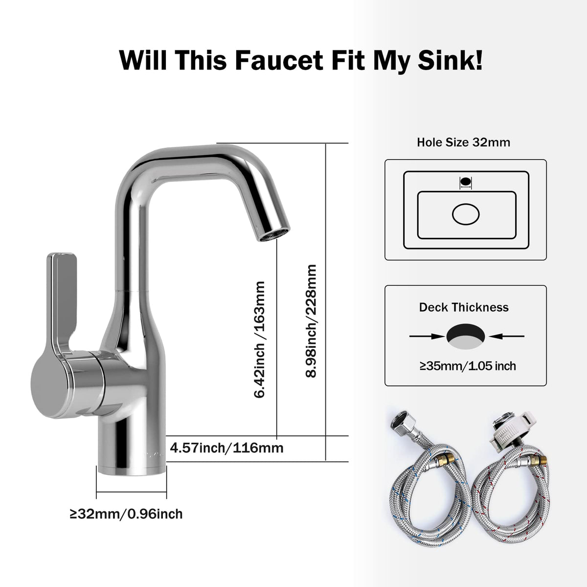 JOMOO Bathroom Faucet, Single-Lever Basin Mixer Deck Mounted Lavatory Tap Basin Mixer Brass Bathroom Sink Fixtures, Chrome