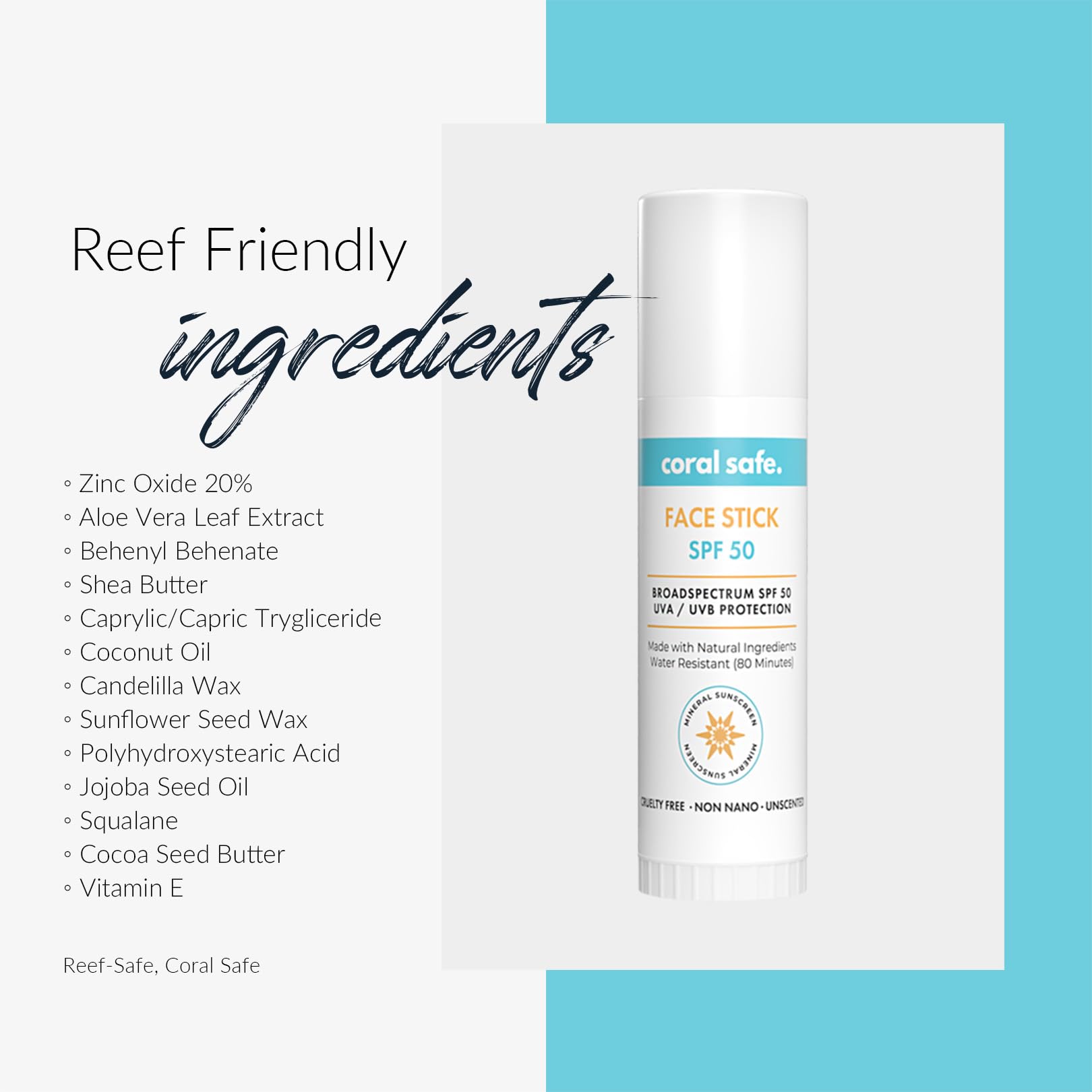 Reef Safe Sunscreen SPF 50 Facestick - Biodegradable, Hawaii & Mexico Approve, Zinc, Vitamin E, Oxybenzone & Octinoxate Free, Water Resistant, Natural Ingredients, Made in USA by Coral Safe - Medaid International