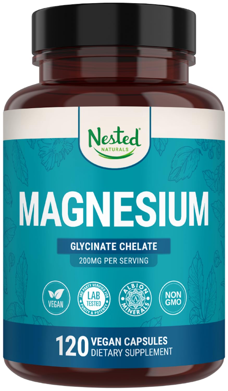 Nested Naturals Magnesium Glycinate Chelate - 200mg Chelated Magnesium Supplement for Muscle Cramps, Relaxation, & Sleep Support - 100% Albion TRACCS Buffered Magnesium Glycinate - 120 Vegan Capsules - Medaid International