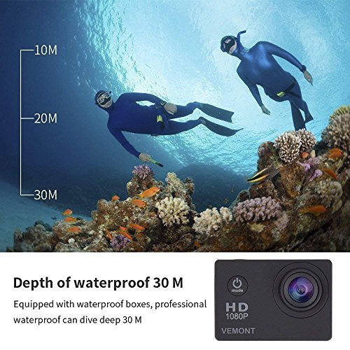 Vemont - 1080P Full HD Action Camera, 12MP, 30m Waterproof, Wide-Angle Lens