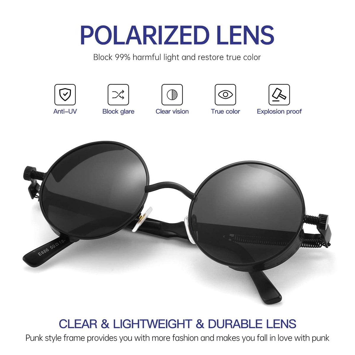 KASTWAVE Men Sunglasses, Steampunk Polarized Sunglasses For Men Professional Full UV400 Protection Round Gothic Shades Style Vintage Polarized Lens Women Metal Circle Frame