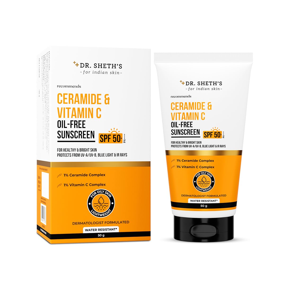 Dr. Sheth's Ceramide & Vitamin C Oil-Free Sunscreen SPF 50+ PA++++ | Non Greasy | For Oily Skin | For Men & Women | 50 g - Medaid International