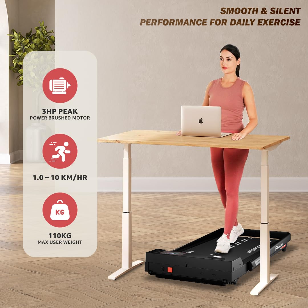 PowerMax Fitness WALKPAD (3HP Peak) Compact Motorized Treadmill for Home-Office use with Remote Control, Max User 110kg, Top Speed 10km/h, 1000x400mm Running Deck, LED Display, iPad & Mobile Holder - Medaid International