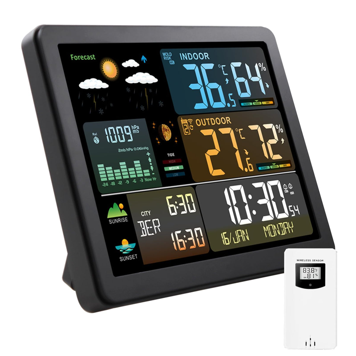 KASTWAVE Weather Station Wireless Indoor Outdoor Thermometer, Color Display Digital Weather Thermometer with Atomic Clock, Barometric Pressure, Forecast Station with Adjustable Backlight