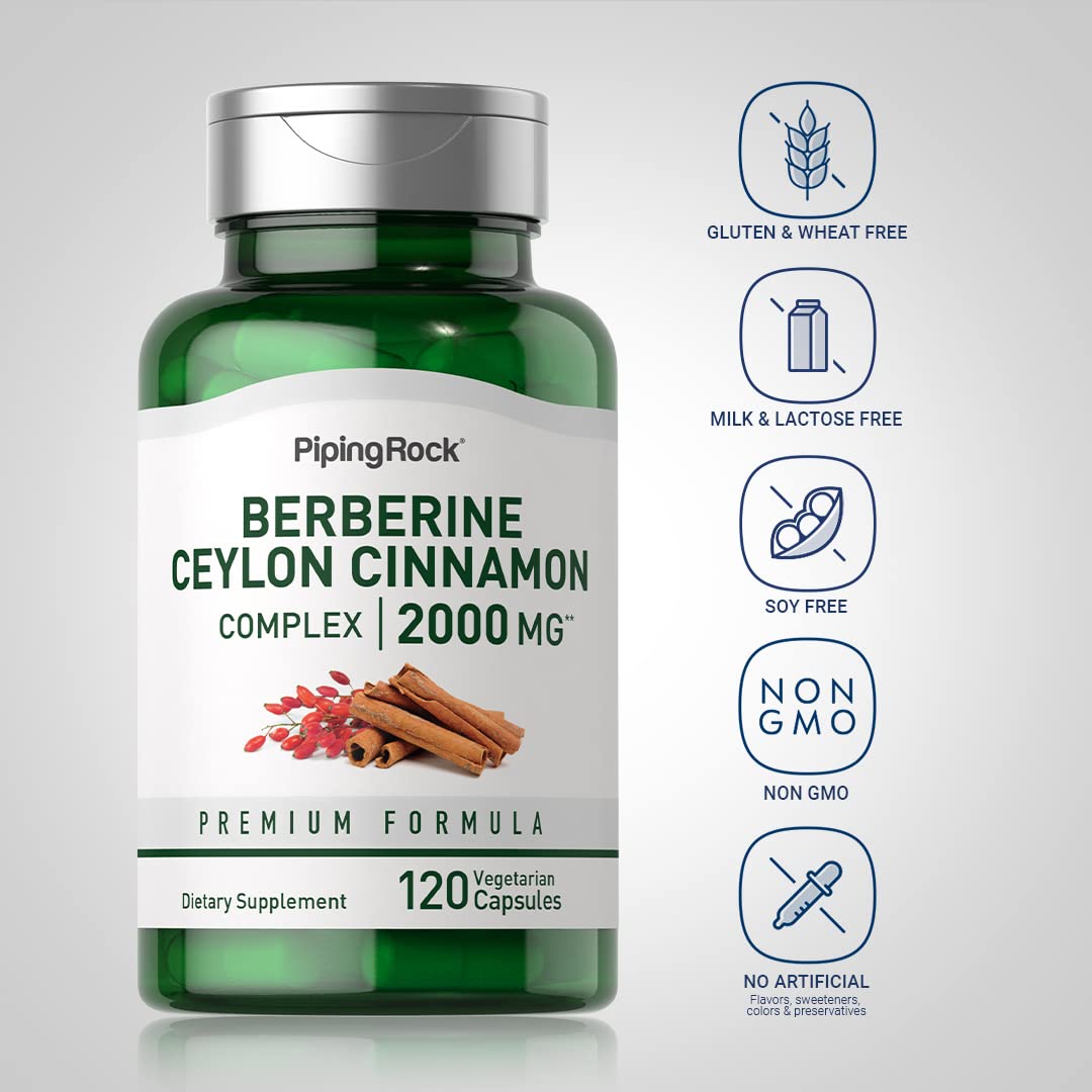 Piping Rock Berberine with Ceylon Cinnamon Supplement | 2000 mg | 120 Capsules | Vegetarian Complex | Non-GMO, Gluten Free - Medaid International