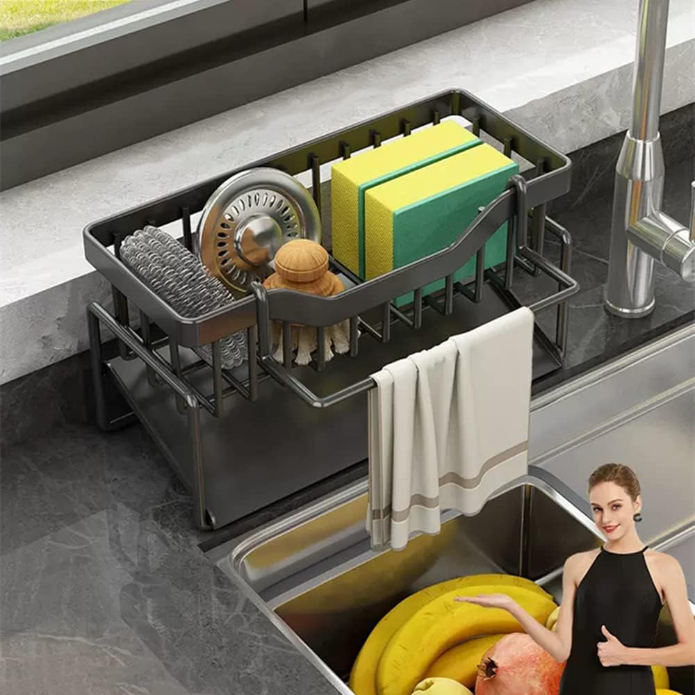 Terrifi Sink Caddy Organizer With Drain Tray, Sponge Holder For Kitchen Stainless Steel Perfect Sponge, Dish Soap Dispenser, Cleaning Towel, Scrubber, And Utensils