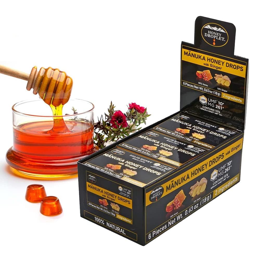 HONEY DROPLET] UMF™10+ (MG 261+) 100% Manuka Honey Drops, Truly Natural from New Zealand, 2 Premium Ingredient, 12 Packs (Ginger Flavor) - Medaid International