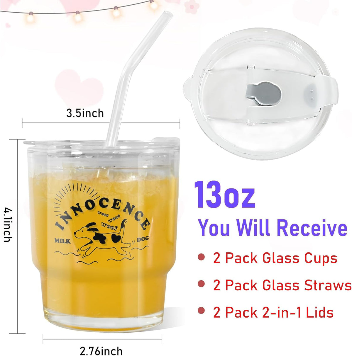 KASTWAVE 13oz/400ml Glass Tumbler, 2 Pack Iced Coffee Cup with Glass Straw and Lid, Sealed Carry On Thick Wall Glass Tumbler for Water, Iced Tea, Fruit Juice, Milk, Beer